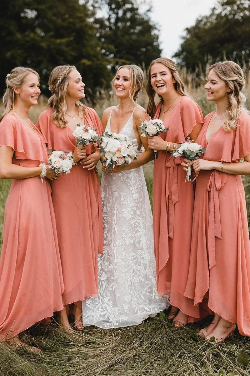 Simple A Line Coral Chiffon Long Bridesmaid Dresses