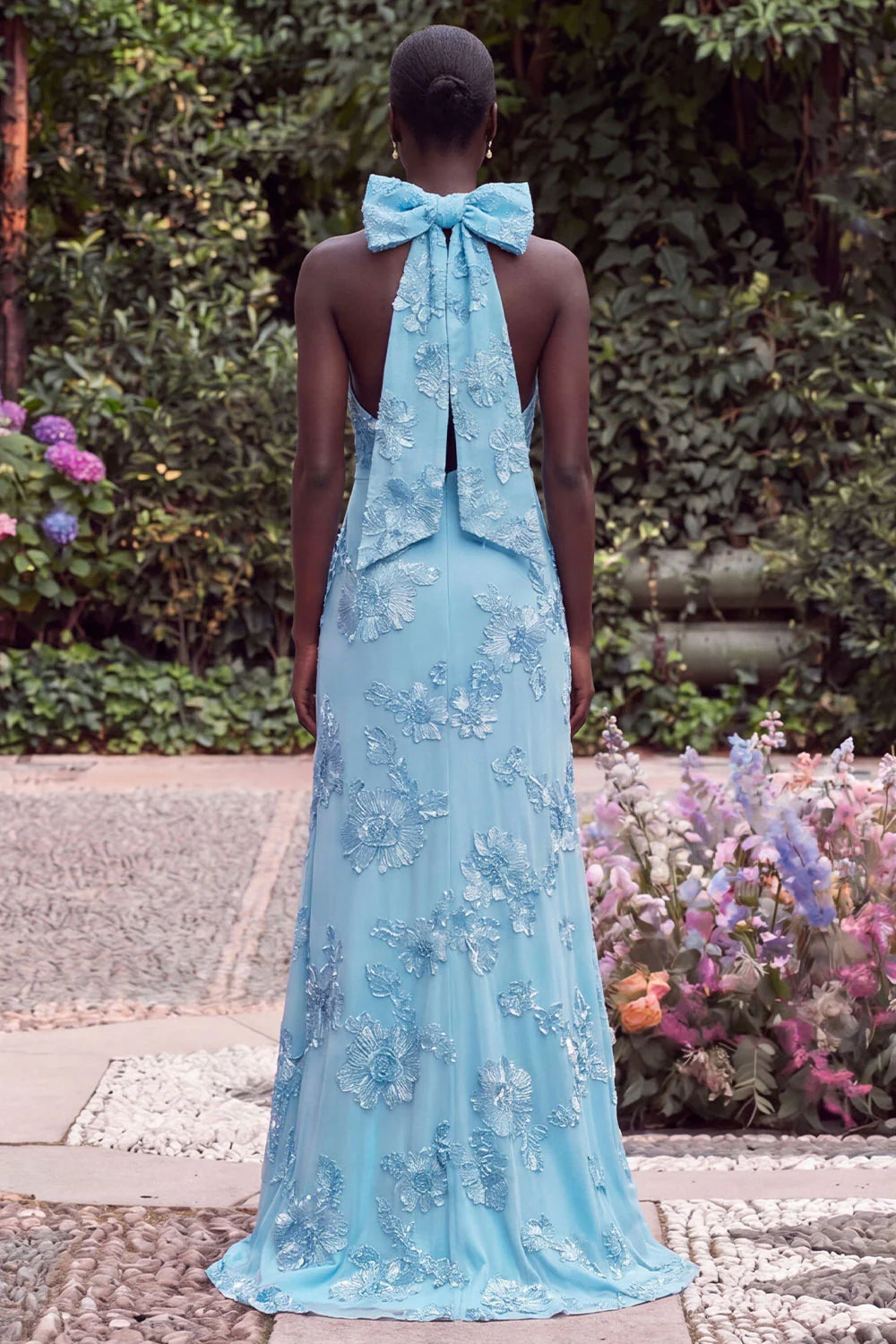 Halter Blue Mermaid Floral Embroidery Bow Keyhole Maxi Dress with Slit