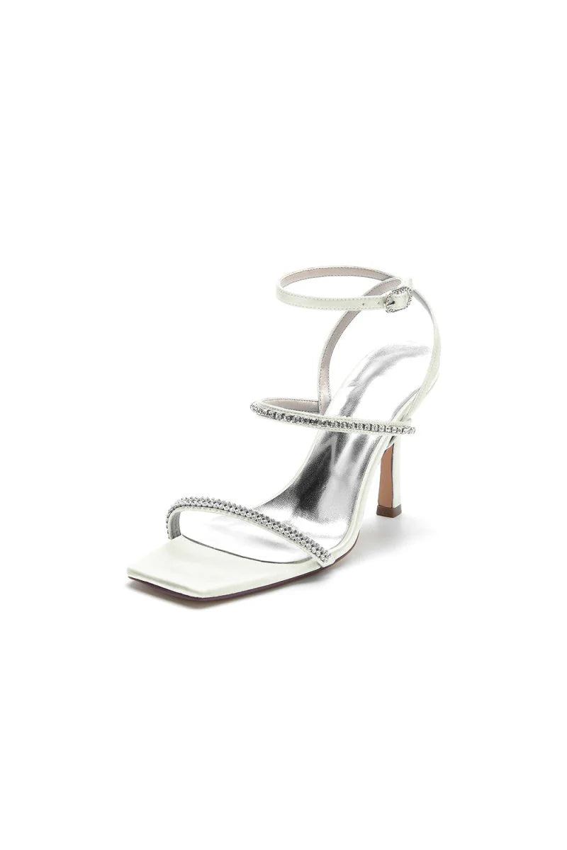 Crystal Cross Straps Square Open Toe Chunky Heels