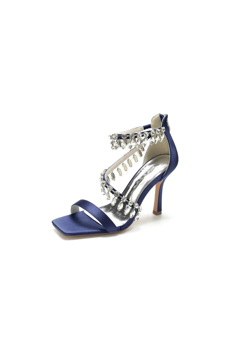 Beaded Square Open Toe Ankle Strap Satin Stiletto Heels