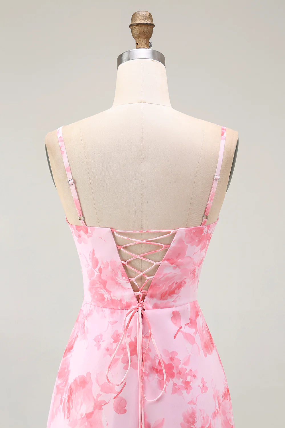 Pink Flower A Line Cowl Neck Print Long Bridesmaid Dress with Slit