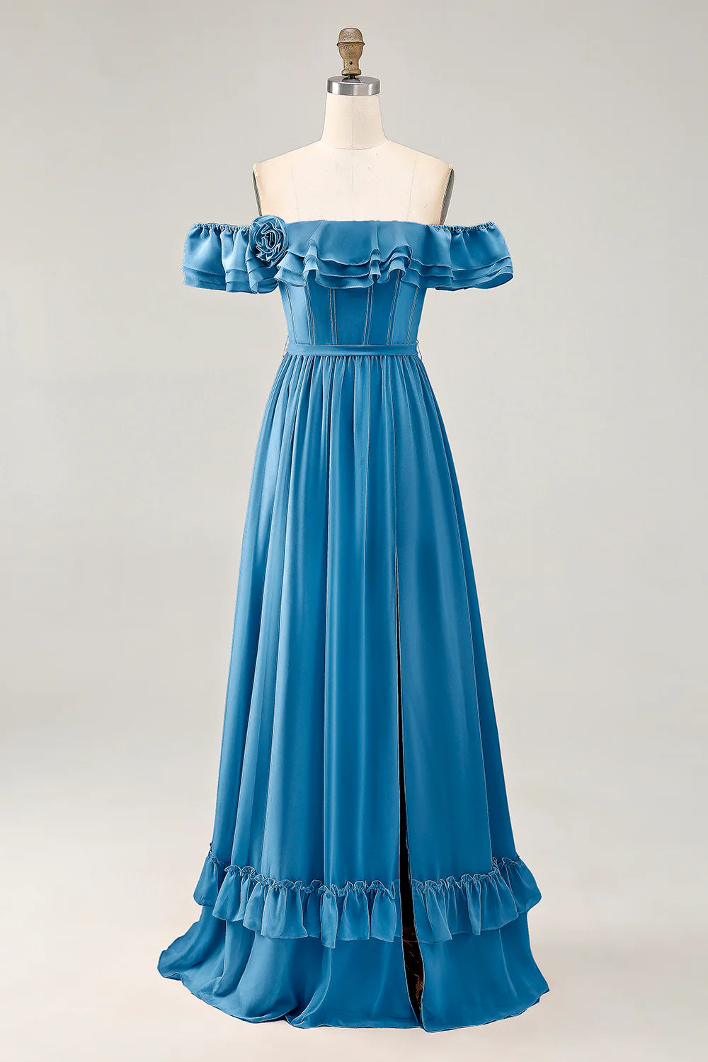 Royal Blue A line Off The Shoulder Chiffon Long Bridesmaid Dress with Slit