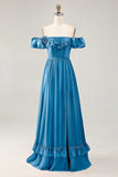 Royal Blue A line Off The Shoulder Chiffon Long Bridesmaid Dress with Slit