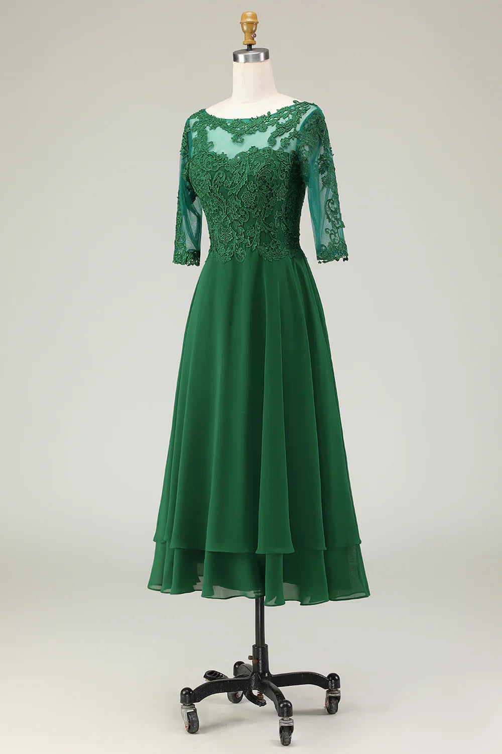 Green A Line Tie Back Appliqued Midi Mother Of The Bride Dress with Half Sleeves