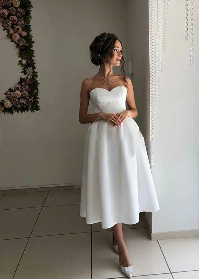 Short Satin Sweetheart Tea length Bridal Dress for Casual Wedding