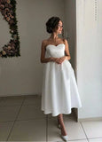 Short Satin Sweetheart Tea length Bridal Dress for Casual Wedding