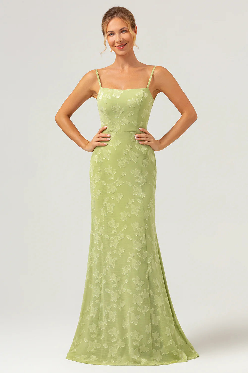 Green Mermaid Floral Jacquard Long Bridesmaid Dress with Lace Up Back