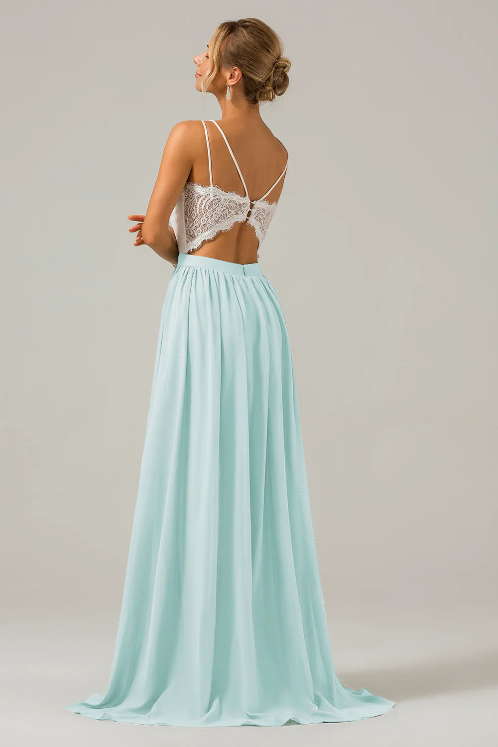 A Line Spaghetti Straps Pleated Long Bridesmaid Dress With Lace