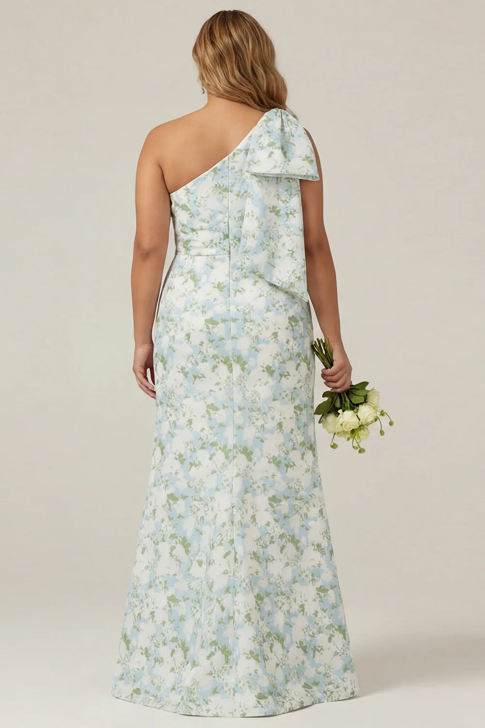 One Shoulder Blue White Flower Print Mermaid Plus Size Bridesmaid Dress with Bow