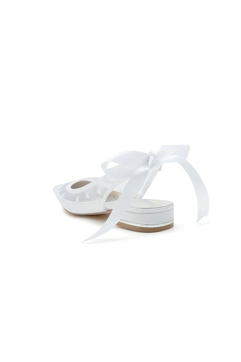 Satin Pointed Toe Mesh Low Heels With Bow