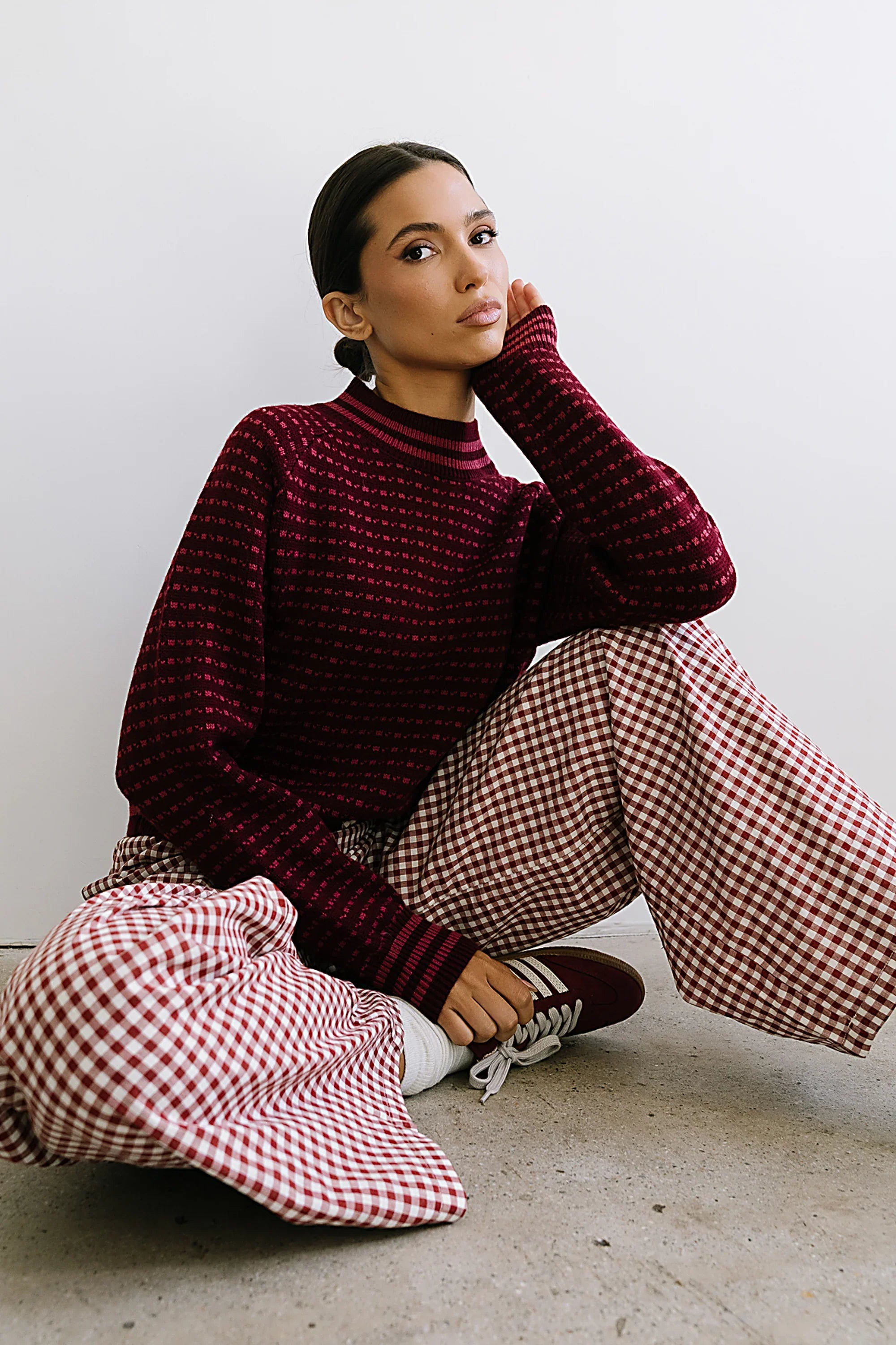 Ada Gingham Wide Leg Pants in Burgundy FINAL SALE