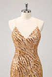 Sparkly Unique Gold Bodycon Spaghetti Straps Sequin Homecoming Dress with Tassel
