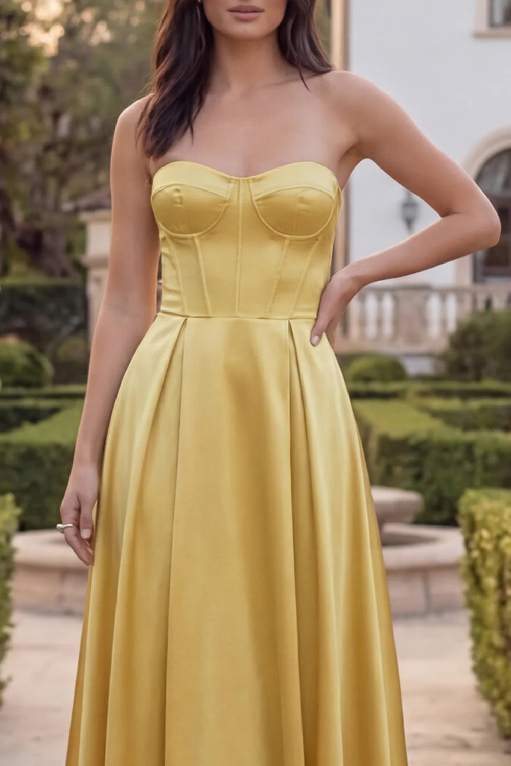 Golden Strapless A Line Corset Satin Midi Wedding Guest Dress