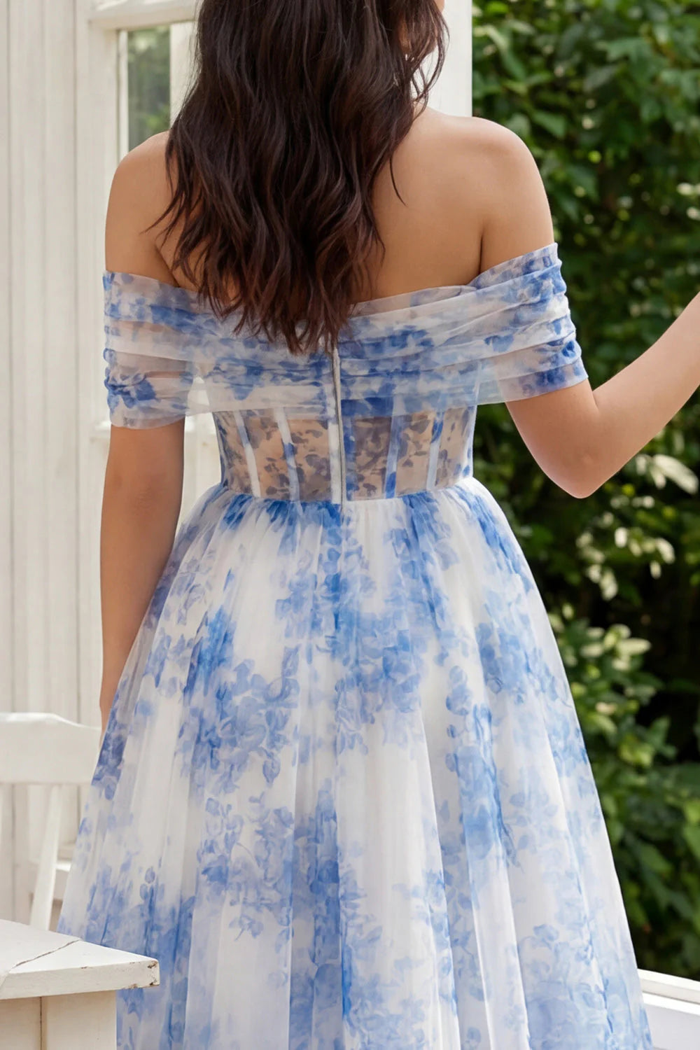 Blue Floral Off the Shoulder Corset A Line Midi Wedding Guest Dress