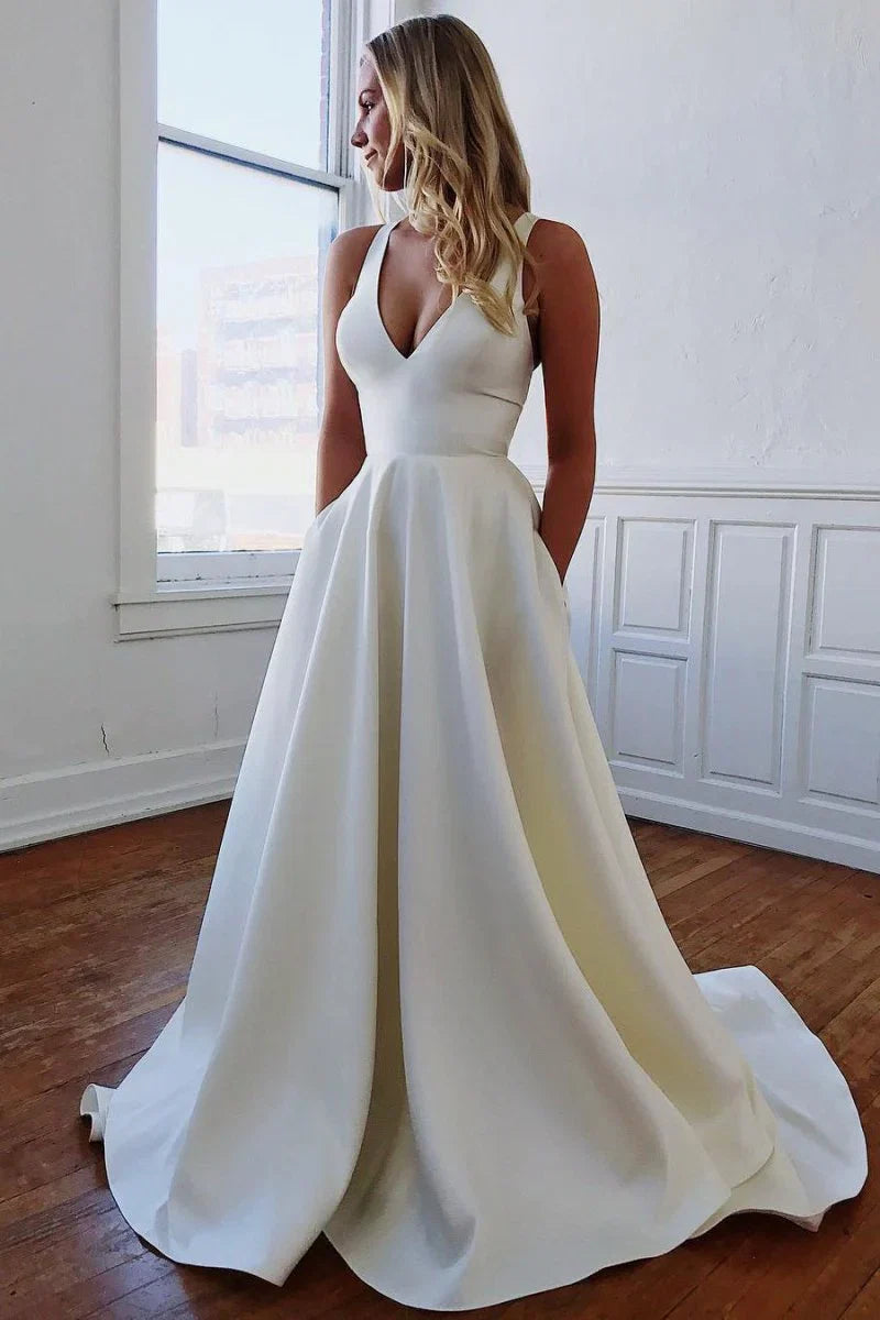 A Line V Neck White Long Wedding Dress with Bow Knot