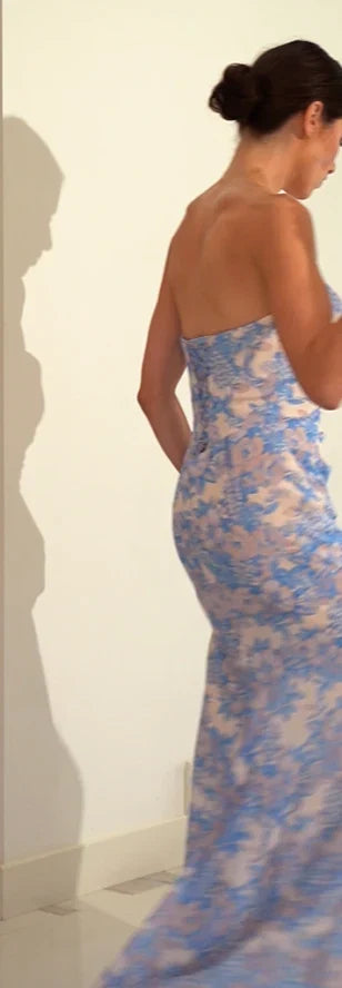 MARTA GOWN BLUE STRAPLESS FLORAL PRINTED SOFT CHIFFON DRESS