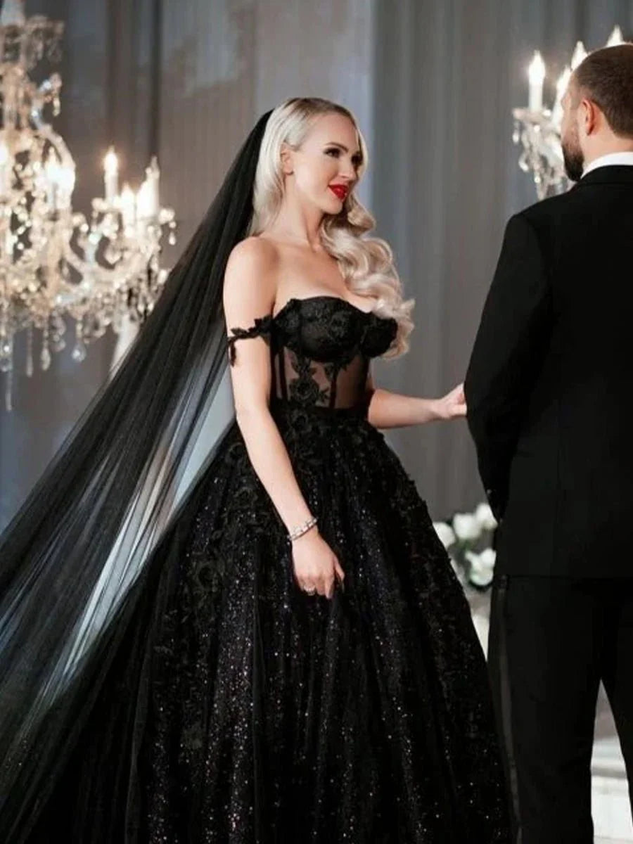 A Line Black Gothic Wedding Dresses with Sequin Lace Appliques