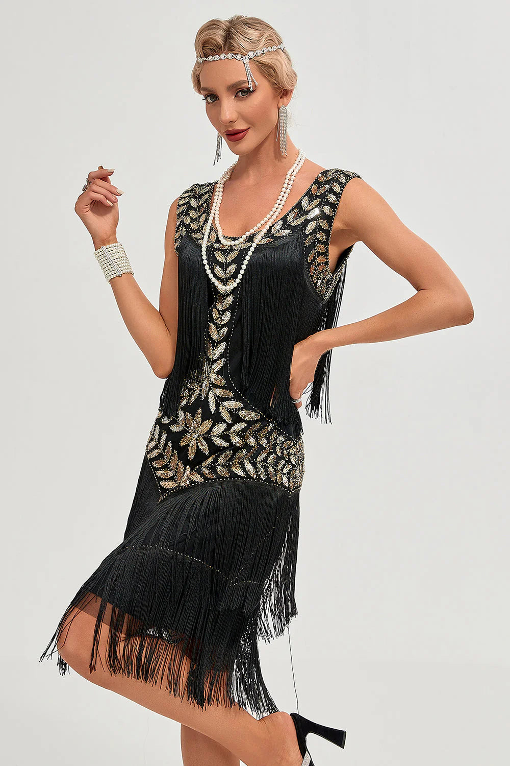 Black Gatsby Flapper Dress with Sequins and Fringes