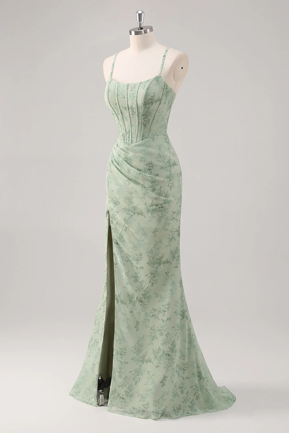 Green Floral Mermaid Lace Up Back Corset Long Bridesmaid Dress with Slit