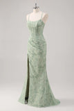 Green Floral Mermaid Lace Up Back Corset Long Bridesmaid Dress with Slit