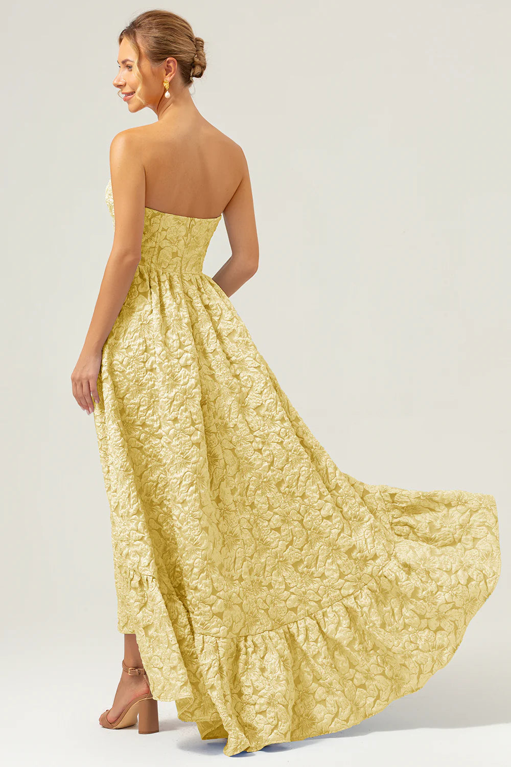 Blue A Line Strapless Brocade High Low Floral Bridesmaid Dress