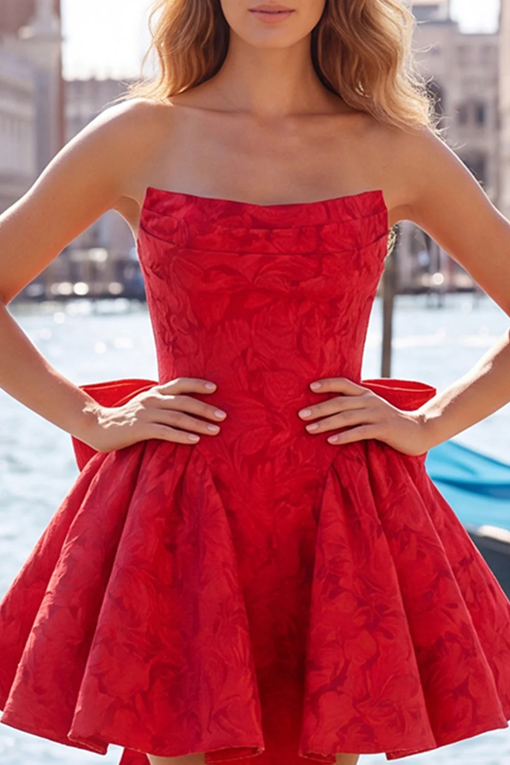 Strapless A Line Jacquard Bow Blue Homecoming Dress with Lace Up Back
