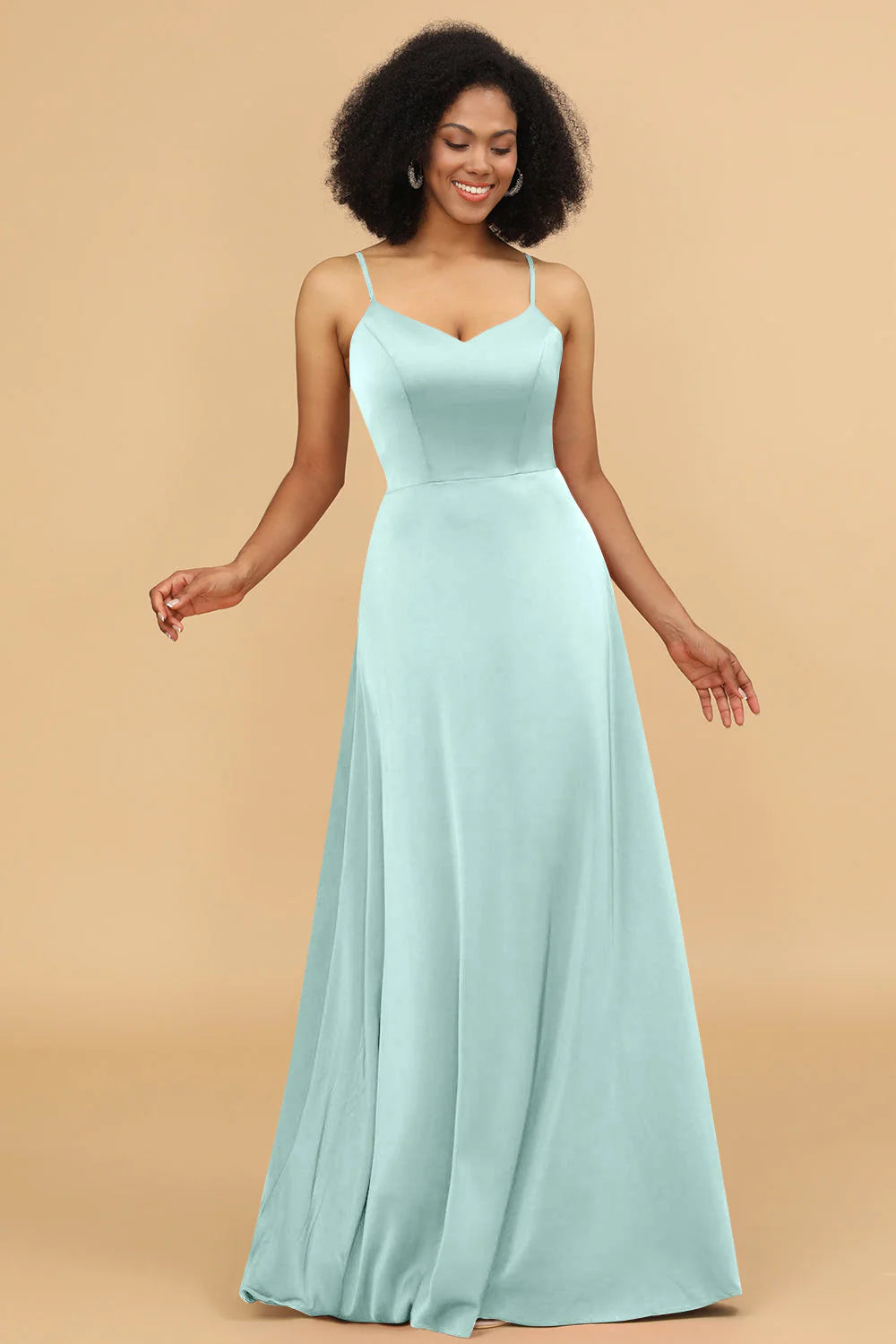 A Line Spaghetti Straps Floor Length Satin Bridesmaid Dress