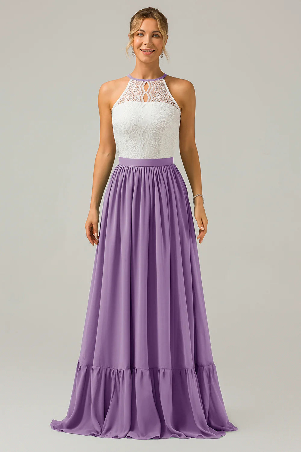 A Line Halter Pleated Keyhole Chiffon Bridesmaid Dress With Lace