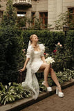 Bodycon Square Neck Satin Short Wedding Dresses with Lantern Sleeves