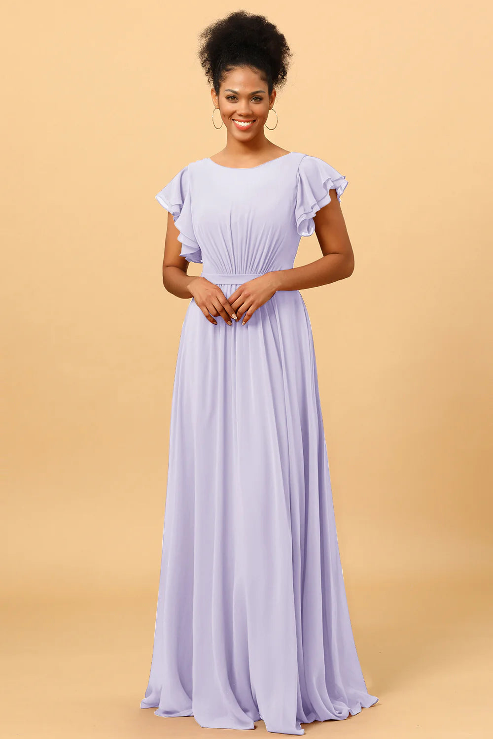 A Line Bateau Neck Ruched Long Chiffon Bridesmaid Dress with Ruffles