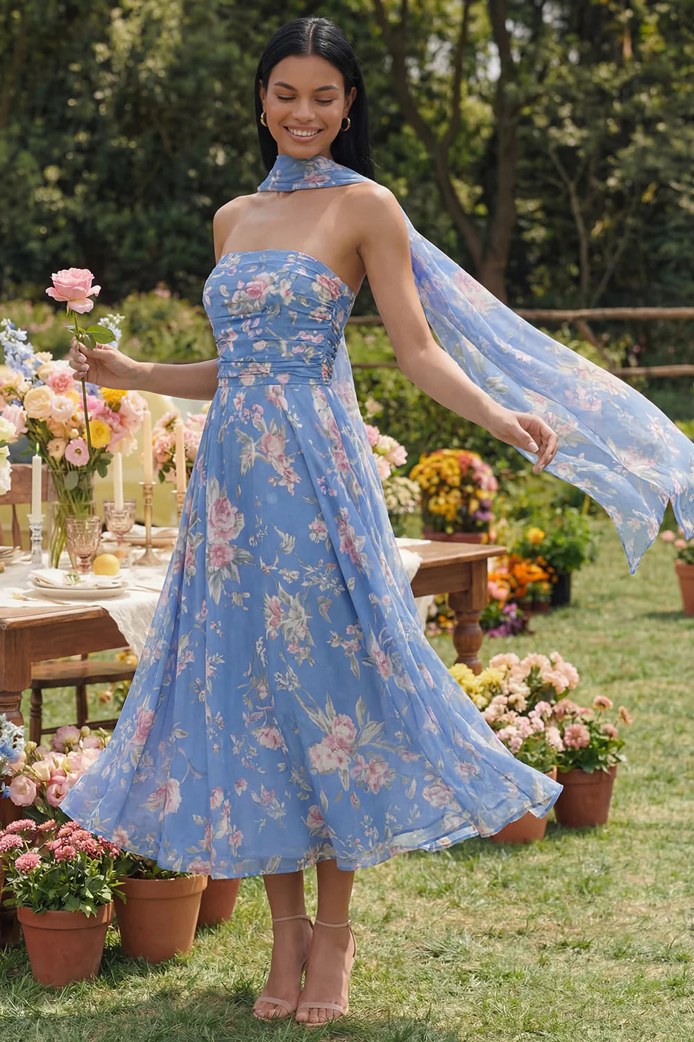 Strapless Blue Floral Ruched A Line Midi Wedding Guest Dress with Sash