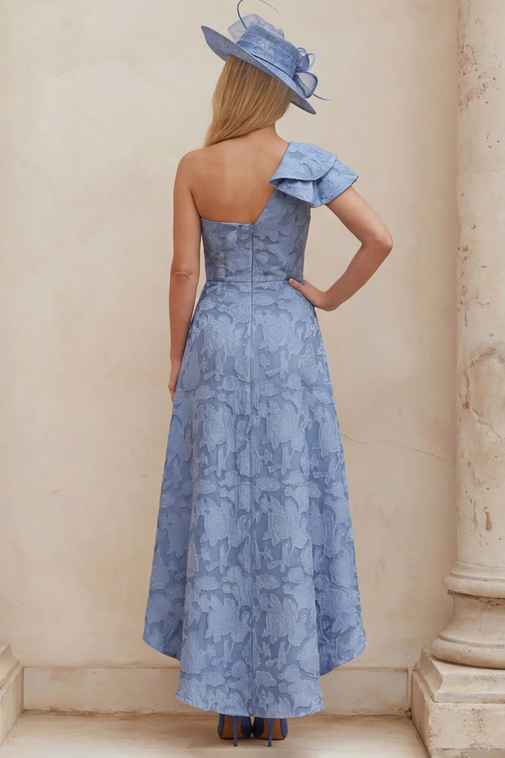 Dusty Blue Floral One Shoulder A Line High Low Mother of the Bride Dress