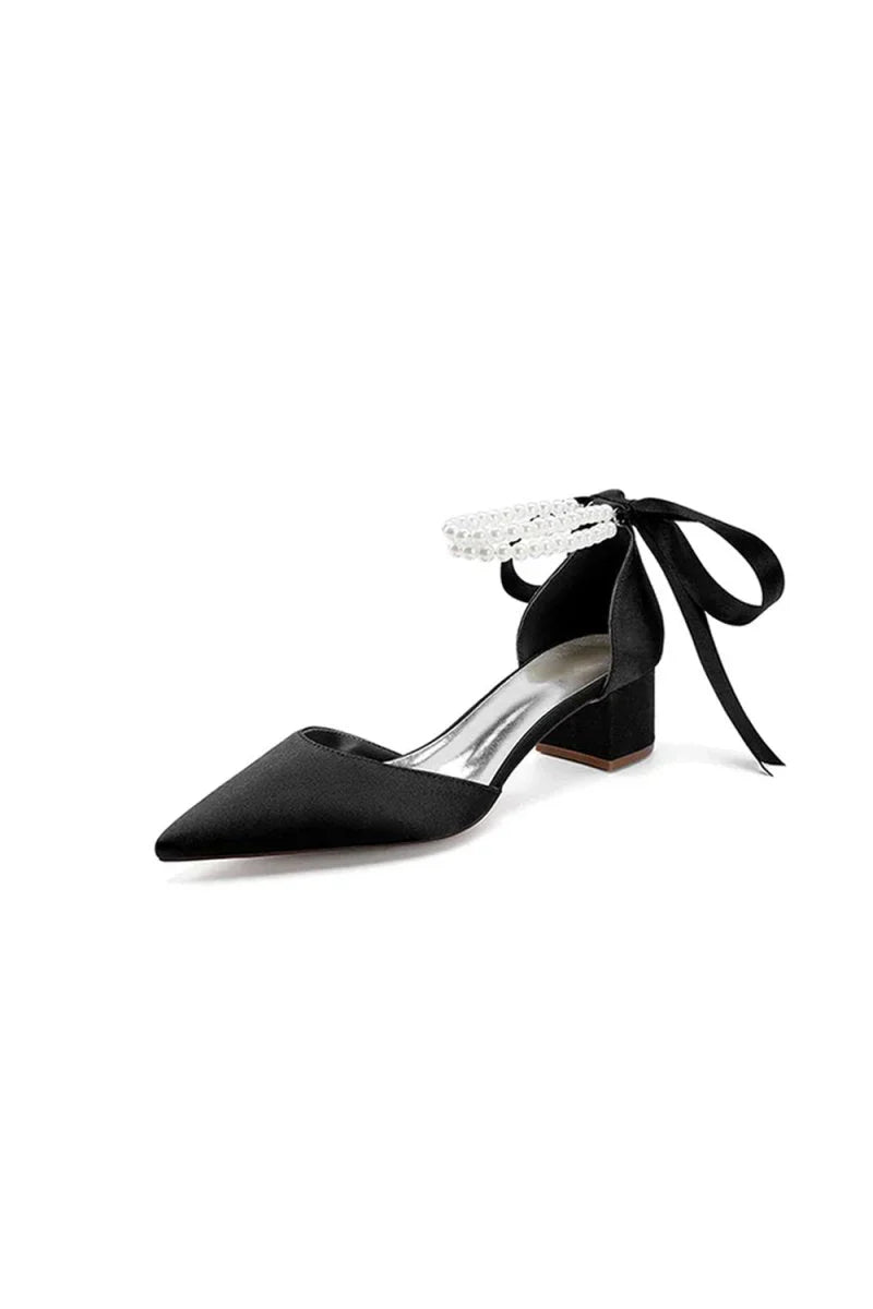 Pointed Toe Double Pearl Ankle Strap Party Shoes With Ribbon Tie
