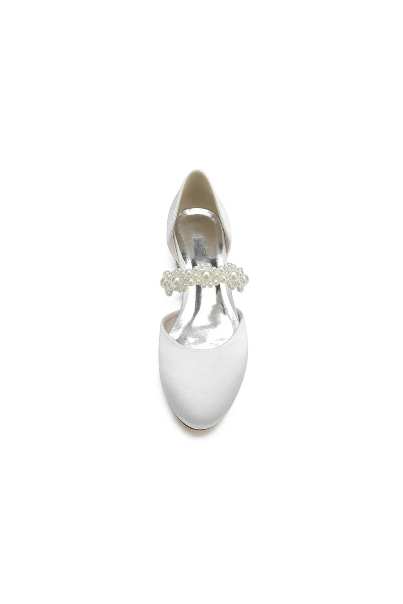 Sweet Round Toe Retro Pearl Strap Low Heels
