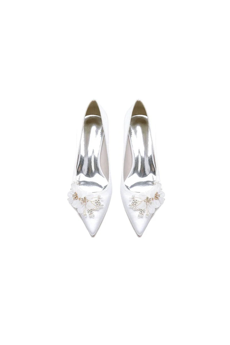 Pointed Toe White Rhinestone Chunky Heels with Flower