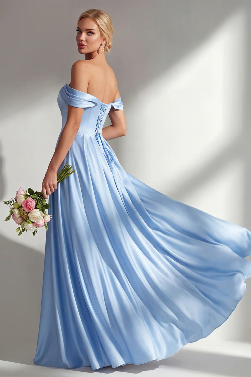 Off the Shoulder A Line Blue Satin Long Bridesmaid Dress with Slit