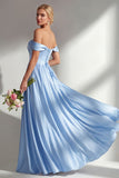 Off the Shoulder A Line Blue Satin Long Bridesmaid Dress with Slit