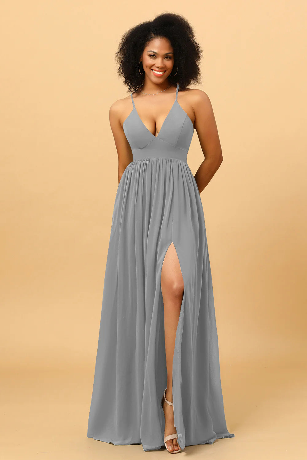 A Line V Neck Spaghetti Straps Chiffon Bridesmaid Dress with Slit