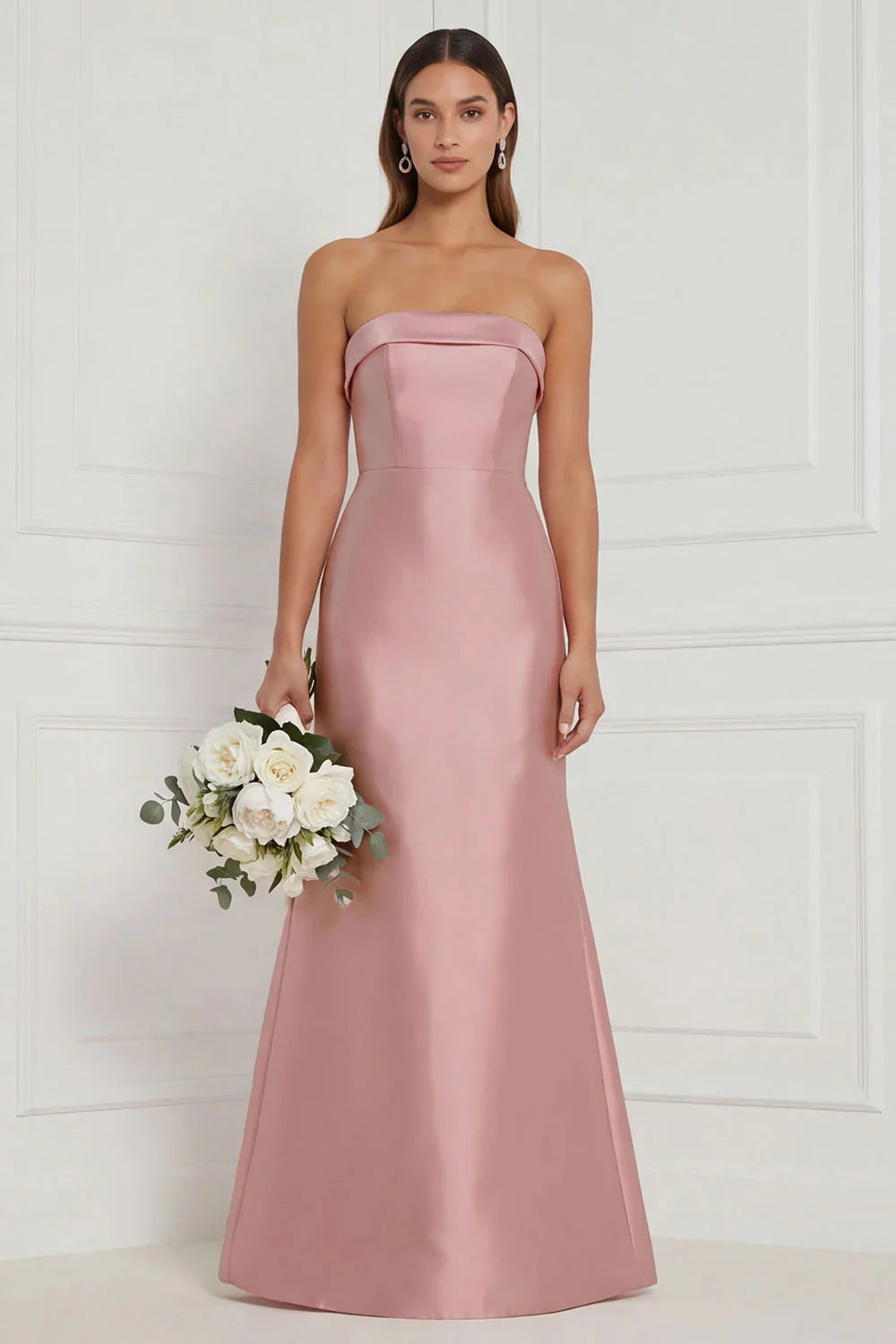 Strapless Mermaid Dusty Rose Satin Long Bridesmaid Dress