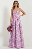 Light Blue Floral Sweetheart A Line Printed Maxi Dress with Pockets