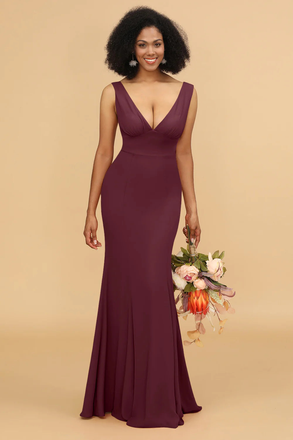 Mermaid V neck Open Back Long Chiffon Bridesmaid Dress With Ruffles