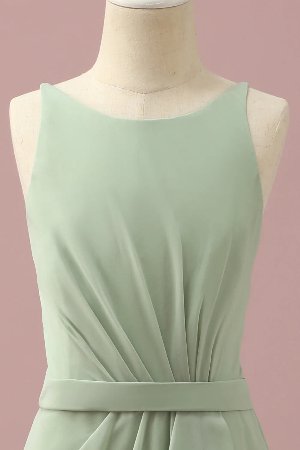 Dusty Sage Round Neck Chiffon Junior Bridesmaid Dress With Cascading Ruffles