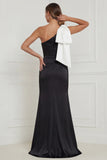 One Shoulder Black Mermaid Long Formal Dress with Bow