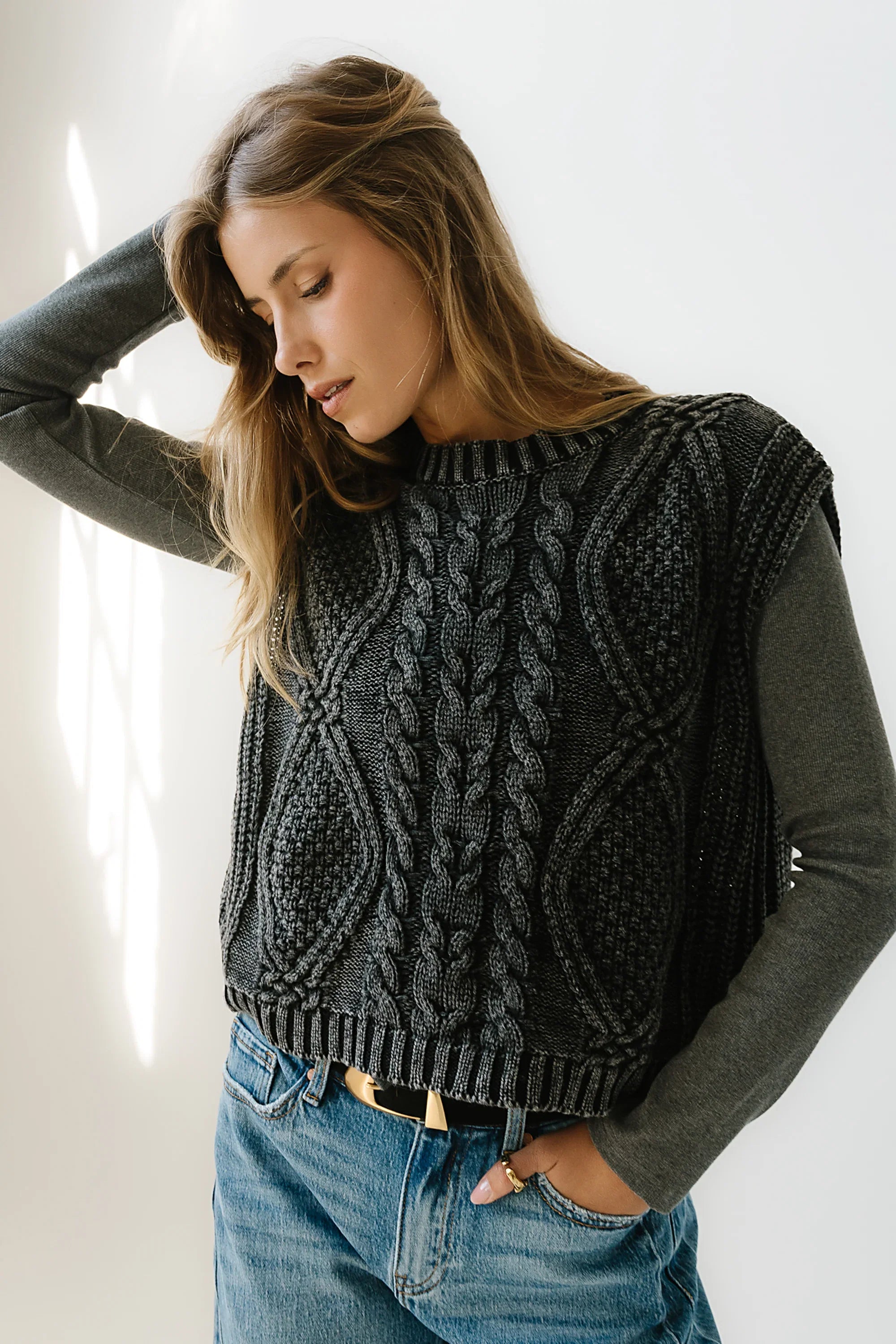 Rebecca Cable Knit Vest in Charcoal FINAL SALE