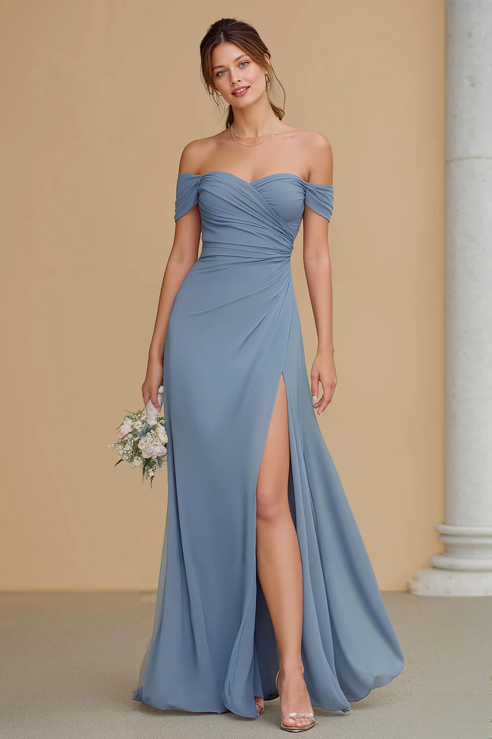 Ruched Off The Shoulder Twilight A Line Bridesmaid Dress with Slit