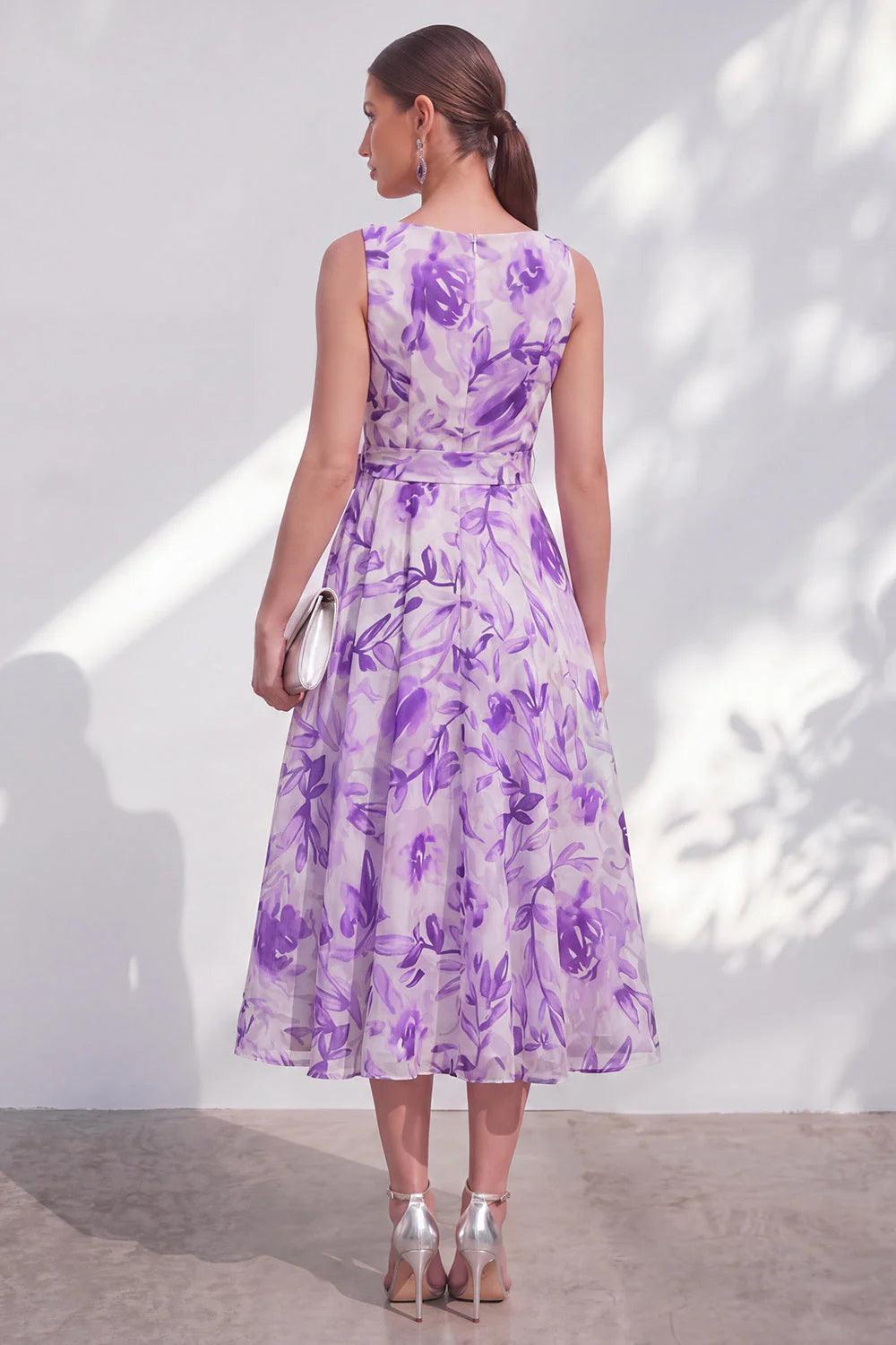 Purple Flower A Line V Neck Wedding Guest Dress with Belt