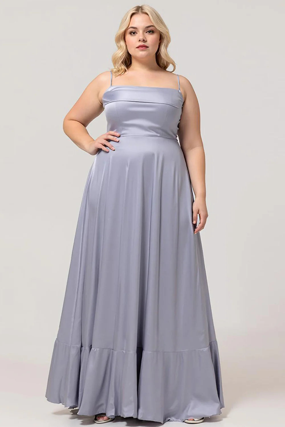 Dusty Blue A Line Satin Long Plus Size Bridesmaid Dress with Lace Up Back
