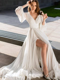 Boho A Line White V Neck Long Sleeve Wedding Dress