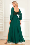 A Line Dark Green Sequins Prom Dress with Sleeves