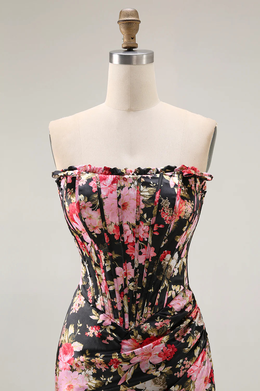 Black Pink Floral Mermaid Strapless Corset Long Prom Dress with Slit